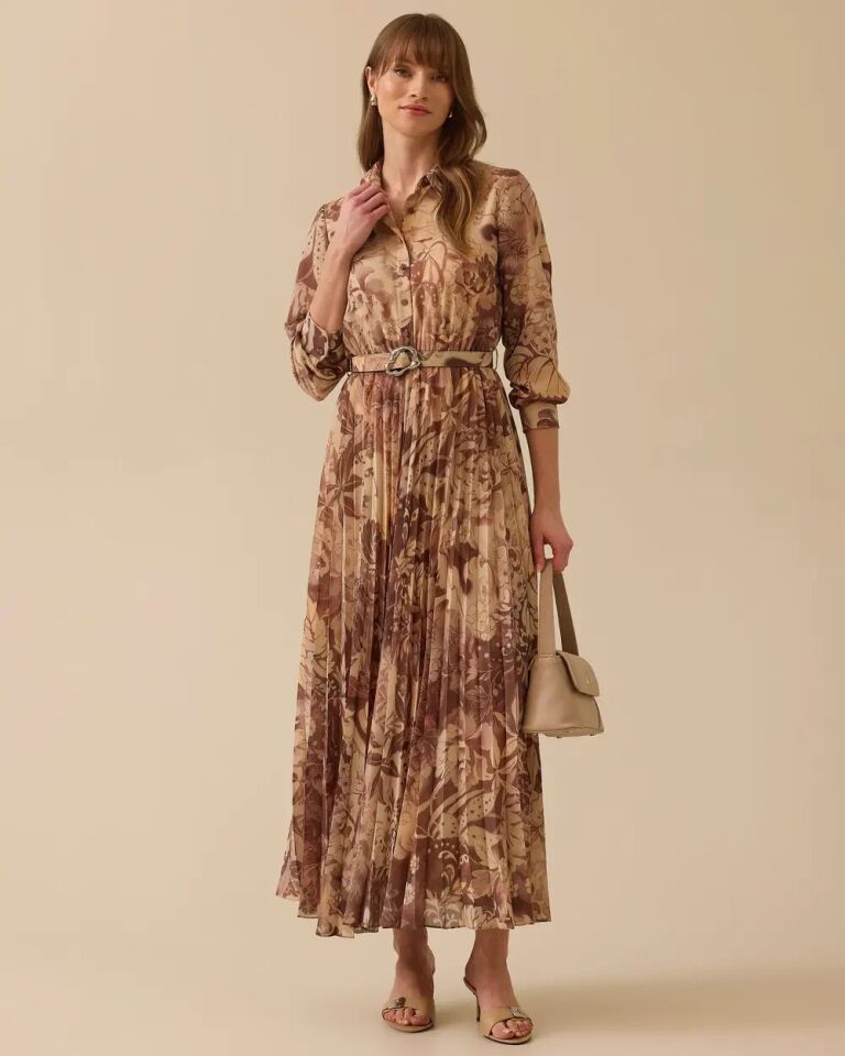 1009 ŞIK ELBİSE GÖMLEK YAKA ÖNÜ YARIYA KADAR DÜĞMELİ BELDEN AŞAĞI PİLE DETAYLI BELİ KEMERLİ DESENLİ ŞIK ELBİSE #03-25#