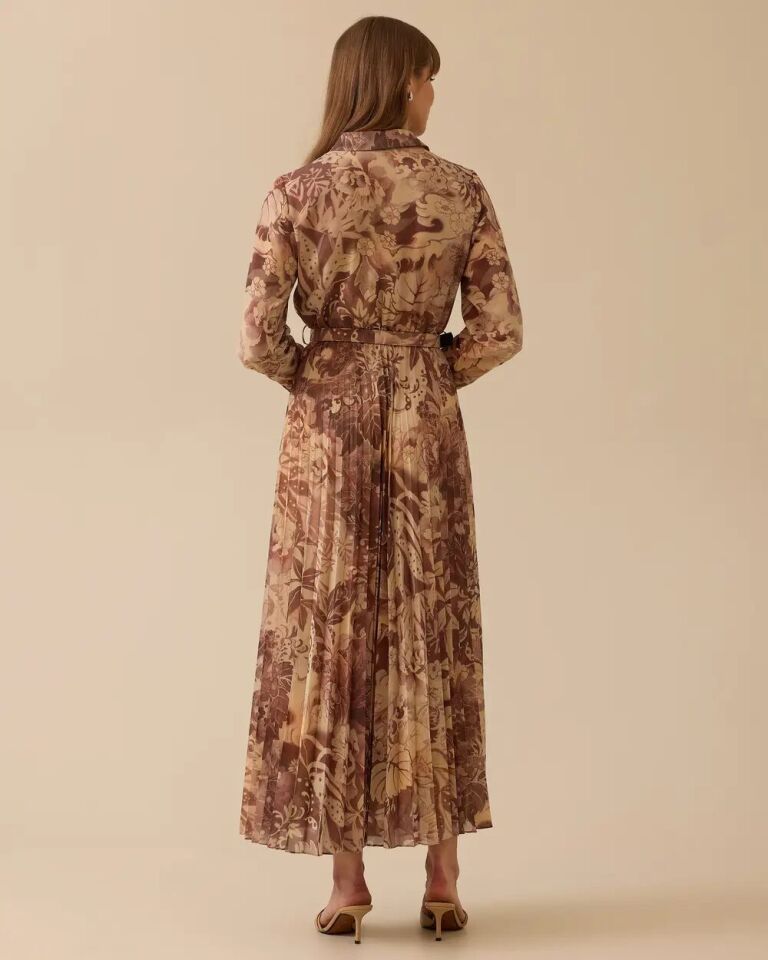 1009 ŞIK ELBİSE GÖMLEK YAKA ÖNÜ YARIYA KADAR DÜĞMELİ BELDEN AŞAĞI PİLE DETAYLI BELİ KEMERLİ DESENLİ ŞIK ELBİSE #03-25#