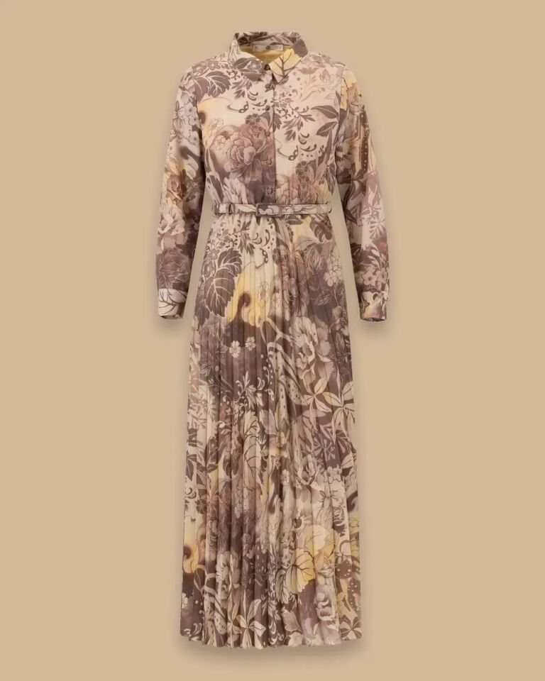 1009 ŞIK ELBİSE GÖMLEK YAKA ÖNÜ YARIYA KADAR DÜĞMELİ BELDEN AŞAĞI PİLE DETAYLI BELİ KEMERLİ DESENLİ ŞIK ELBİSE #03-25#