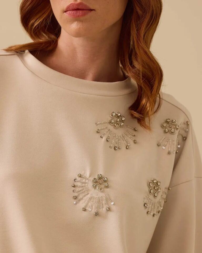 10001 AKSESUARLI SWEATSHİRT HAKİM YAKA ÖNÜ TAŞ VE BONCUK İŞLEMELİ DÜŞÜK OMUZ AKSESUARLI SWEATSHİRT #03-25#