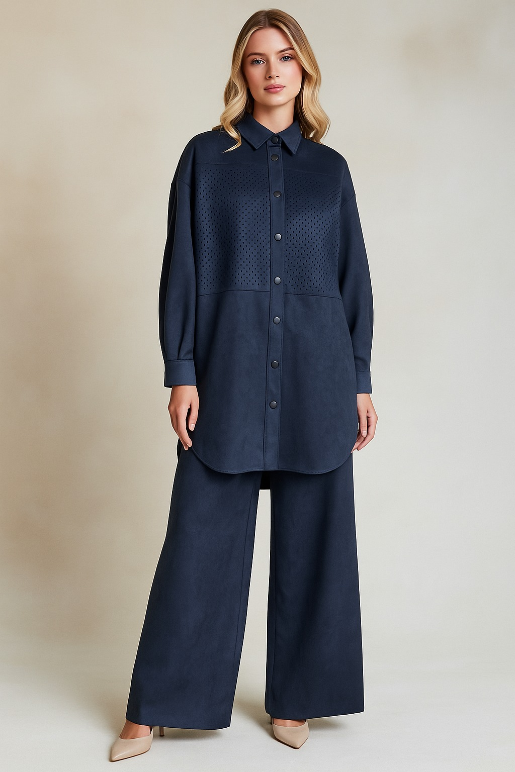 56056 ÖNDEN ÇITÇITLI GÖĞÜSÜ DETAYLI OVERSİZE SÜET PANTOLONLU TAKIM #10-25#