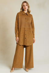 56056 ÖNDEN ÇITÇITLI GÖĞÜSÜ DETAYLI OVERSİZE SÜET PANTOLONLU TAKIM #10-25#