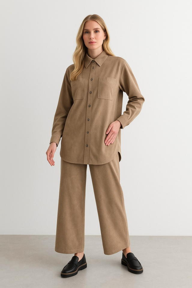 56059 ÖNDEN ÇITÇIT DÜĞMELİ ÇİFT CEPLİ PANTOLONUN BELİ LASTİKLİ SÜET TAKIM #10-25#