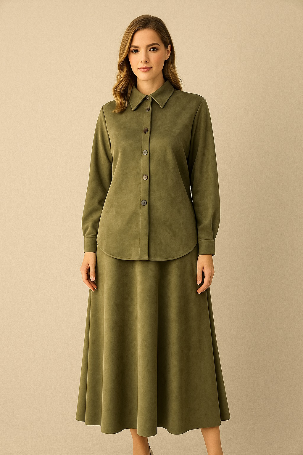 56051 ÖNDEN ÇITÇIT DÜĞMELİ ETEĞİN BELİ MANŞETLİ CEPLİ SÜET ETEKLİ TAKIM #10-25#