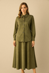 56051 ÖNDEN ÇITÇIT DÜĞMELİ ETEĞİN BELİ MANŞETLİ CEPLİ SÜET ETEKLİ TAKIM #10-25#