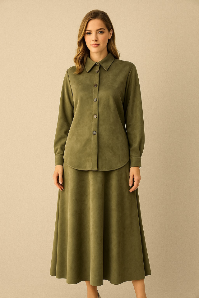 56051 ÖNDEN ÇITÇIT DÜĞMELİ ETEĞİN BELİ MANŞETLİ CEPLİ SÜET ETEKLİ TAKIM #10-25#