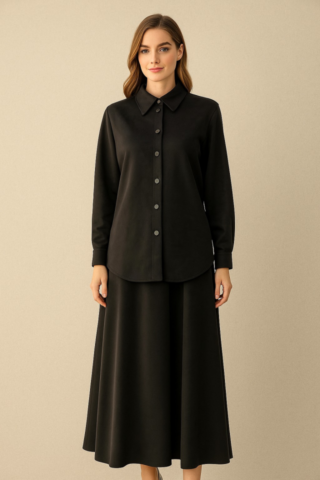 56051 ÖNDEN ÇITÇIT DÜĞMELİ ETEĞİN BELİ MANŞETLİ CEPLİ SÜET ETEKLİ TAKIM #10-25#