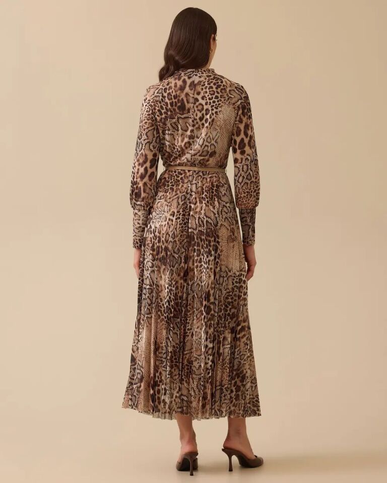 10025 ŞIK ELBİSE BELDEN DİKİŞ DETAYLI BELİ KEMERLİ ETEĞİ PİLELİ BALON KOL LEOPAR DESENLİ ŞIK ELBİSE #03-25#