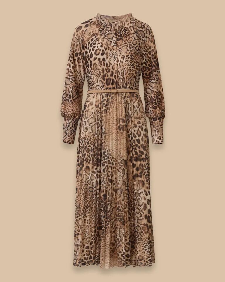 10025 ŞIK ELBİSE BELDEN DİKİŞ DETAYLI BELİ KEMERLİ ETEĞİ PİLELİ BALON KOL LEOPAR DESENLİ ŞIK ELBİSE #03-25#