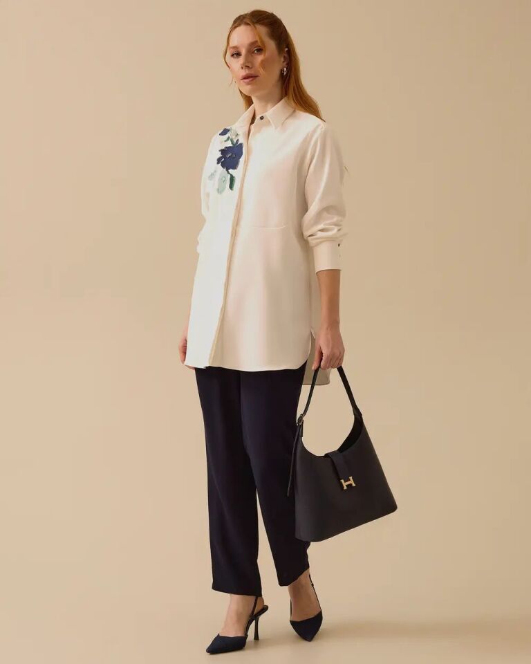 1014 OMZU NAKIŞ DETAYLI ÖNÜ DÜĞMELİ GÜNLÜK GÖMLEK #03-25#