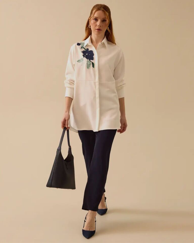 1014 OMZU NAKIŞ DETAYLI ÖNÜ DÜĞMELİ GÜNLÜK GÖMLEK #03-25#