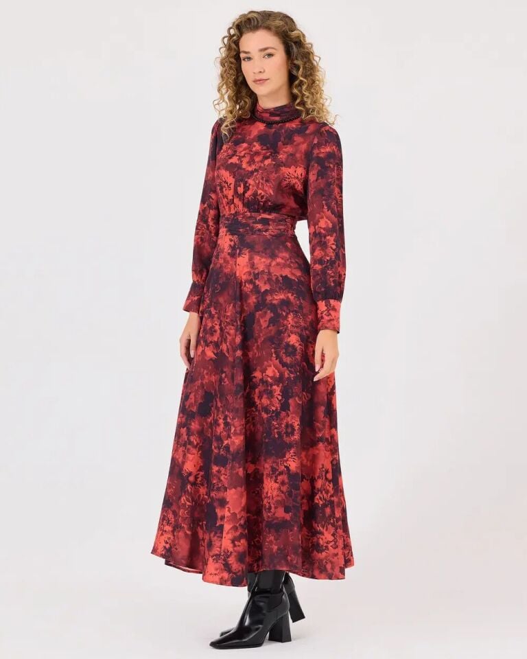 1011 SIFIR YAKA BOYNU BONCUKLU KOLLARI MANŞETLİ BELİ DİKİŞ DETAYLI DESENLİ ŞIK ELBİSE #03-25#