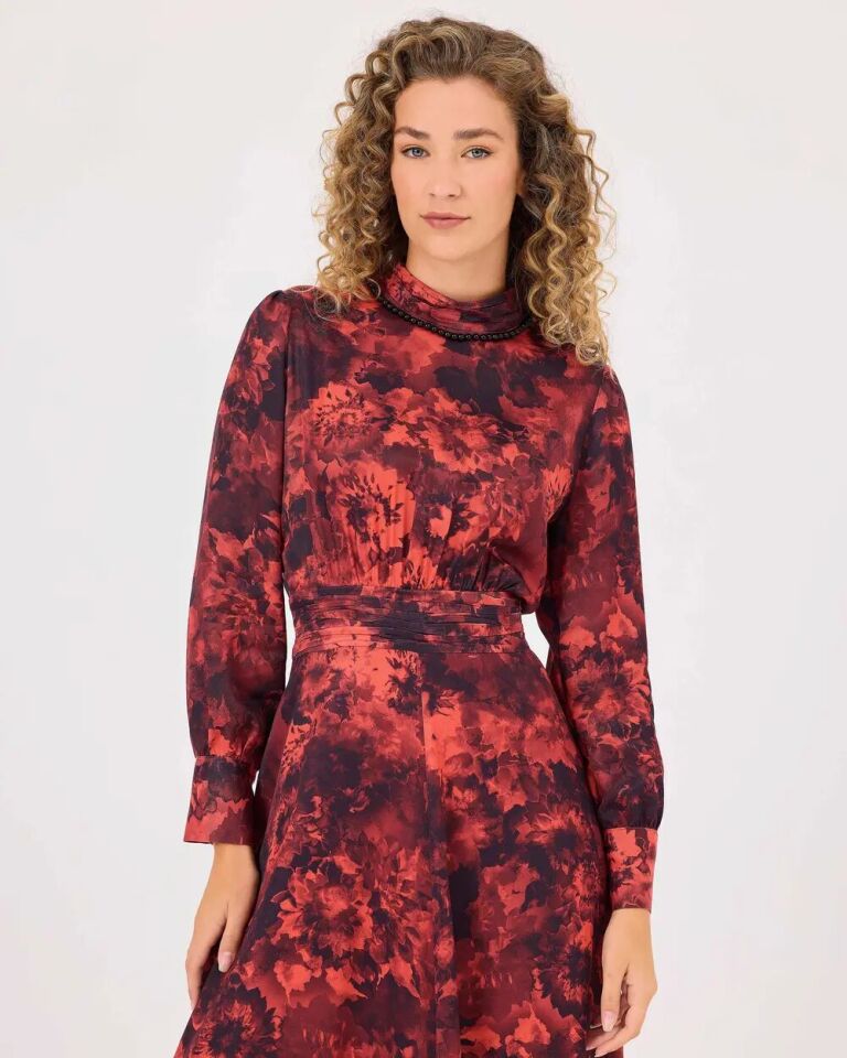 1011 SIFIR YAKA BOYNU BONCUKLU KOLLARI MANŞETLİ BELİ DİKİŞ DETAYLI DESENLİ ŞIK ELBİSE #03-25#