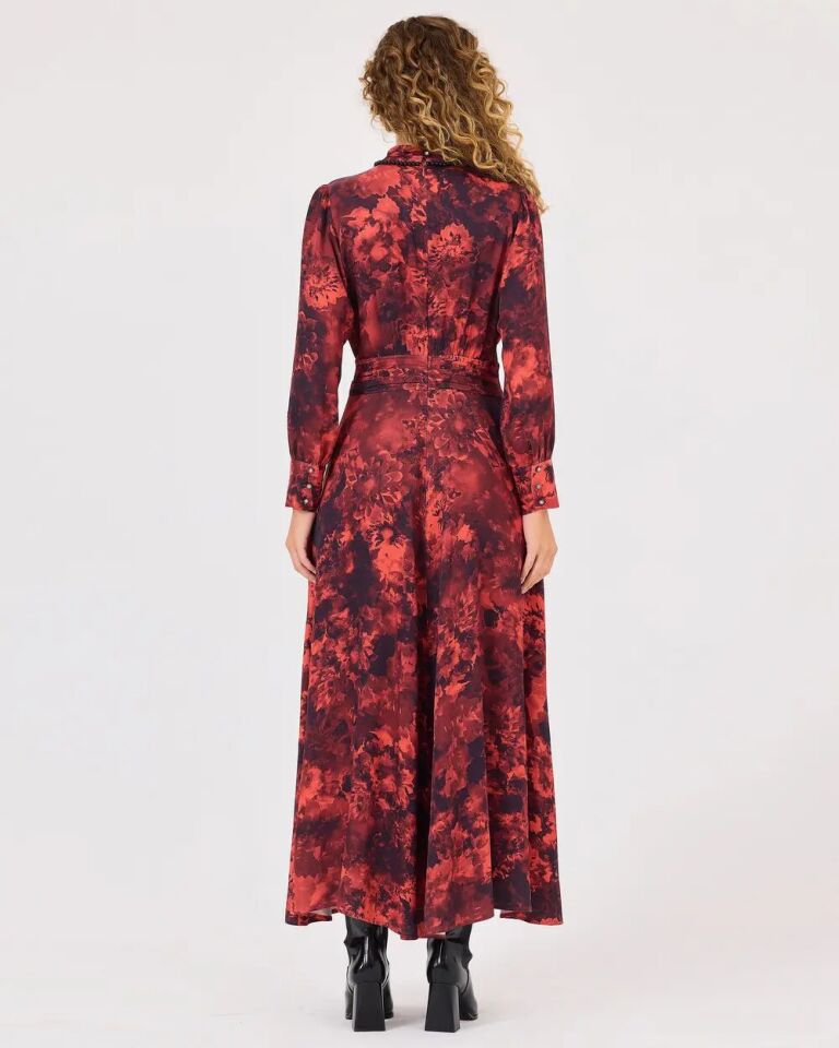 1011 SIFIR YAKA BOYNU BONCUKLU KOLLARI MANŞETLİ BELİ DİKİŞ DETAYLI DESENLİ ŞIK ELBİSE #03-25#