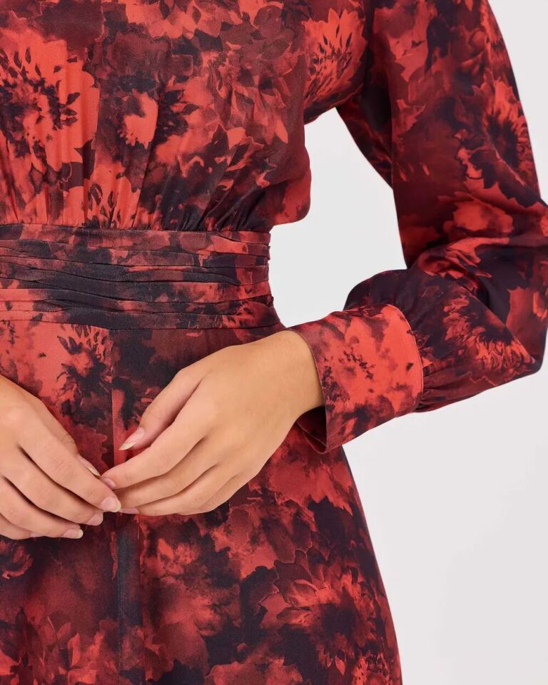 1011 SIFIR YAKA BOYNU BONCUKLU KOLLARI MANŞETLİ BELİ DİKİŞ DETAYLI DESENLİ ŞIK ELBİSE #03-25#