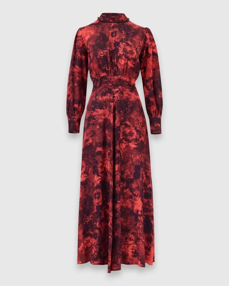 1011 SIFIR YAKA BOYNU BONCUKLU KOLLARI MANŞETLİ BELİ DİKİŞ DETAYLI DESENLİ ŞIK ELBİSE #03-25#