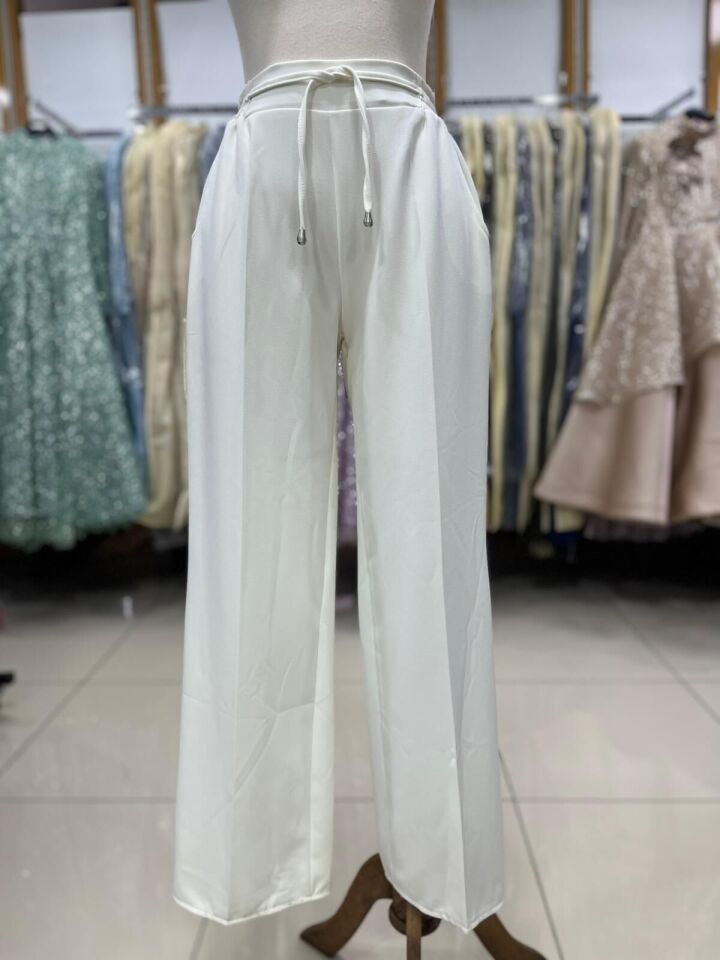 7787 BELİ TAM LASTİKLİ CEPLİ BOL PAÇA PANTOLON #05-25# 44 - BEYAZ