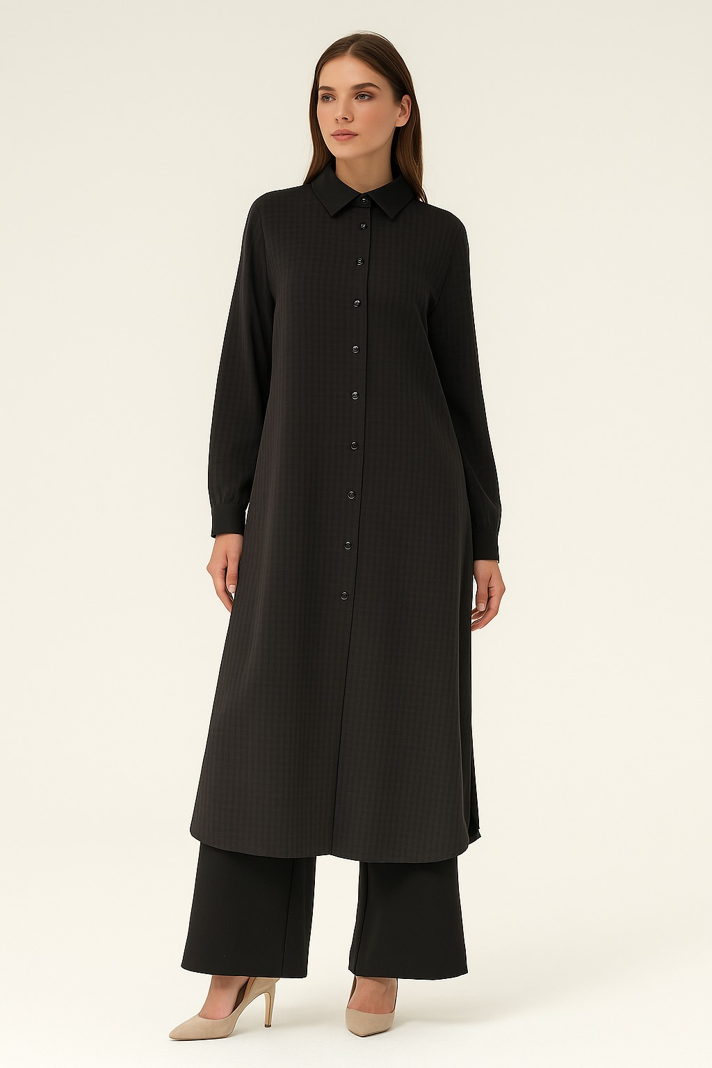 56106 ÖNDEN DÜĞMELİ KARE DESENLİ UZUN PANTOLONLU TAKIM #10-25#