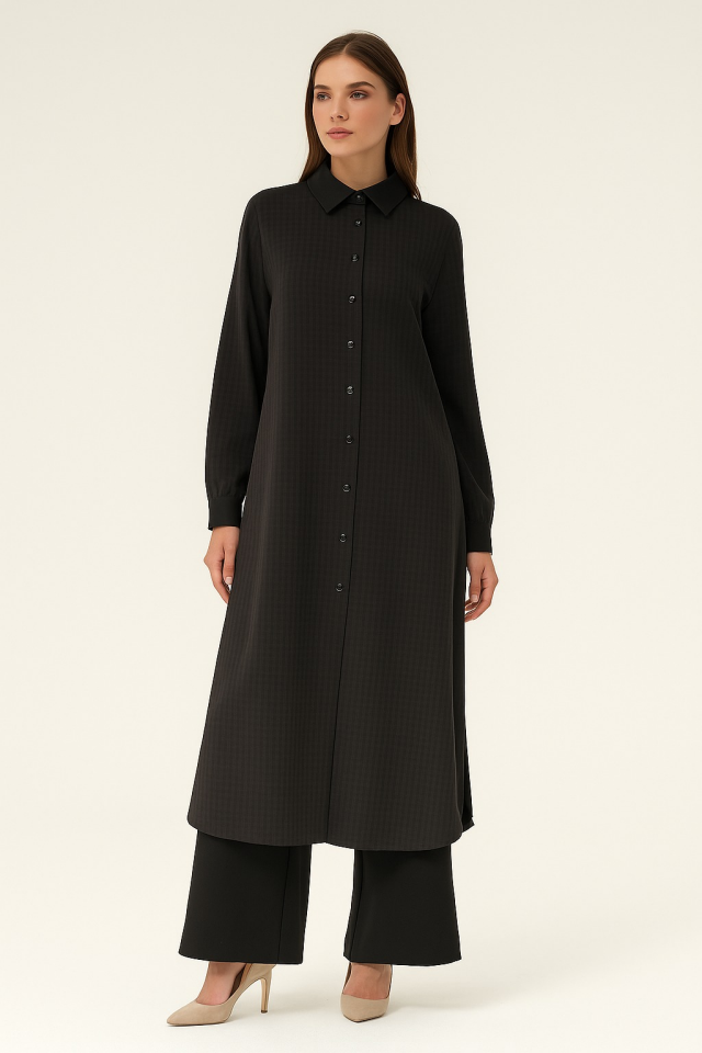 56106 ÖNDEN DÜĞMELİ KARE DESENLİ UZUN PANTOLONLU TAKIM #10-25#