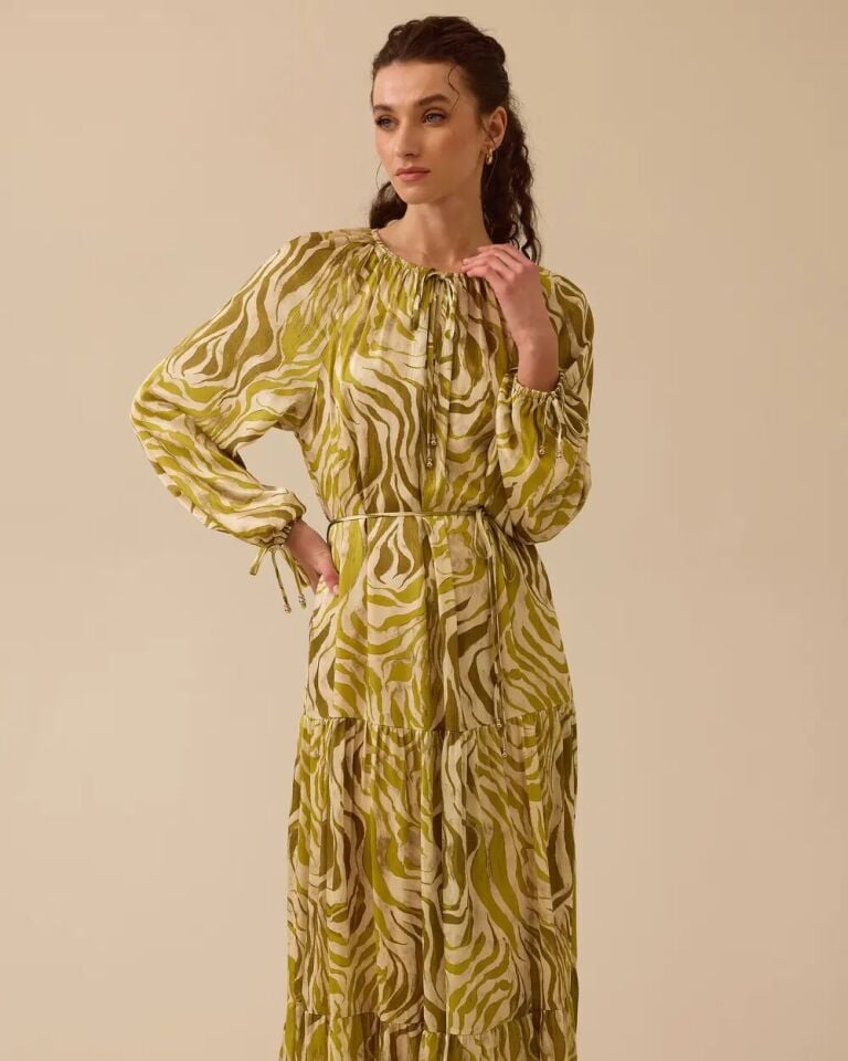 1029 SIFIR YAKA YAKASI VE KOLLARI İP BAĞLAMA DETAYLI ETEĞİNİN UCU KAT DETAYLI DESENLİ ŞIK ELBİSE #03-25#