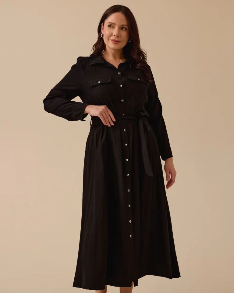 4004 ÖNÜ BOYDAN DÜĞMELİ GÖĞSÜ CEPLİ BELİ KUŞAKLI KOLU MANŞETLİ GÜNLÜK ELBİSE #03-25#