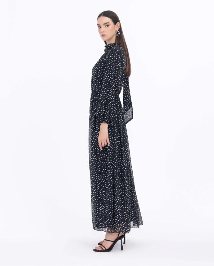 1023 DEGAJE YAKA PUANTİYELİ BELİ VE KOL UCU LASTİKLİ ELBİSE QYS GÜNLÜK ELİBSE 232001023 #23-04#