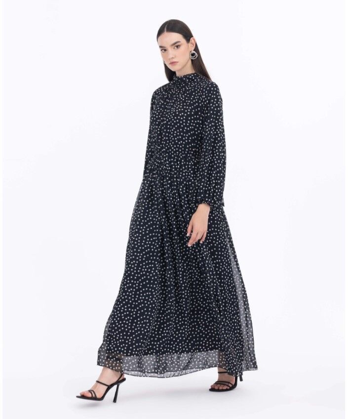 1023 DEGAJE YAKA PUANTİYELİ BELİ VE KOL UCU LASTİKLİ ELBİSE QYS GÜNLÜK ELİBSE 232001023 #23-04#