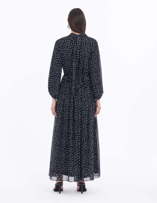 1023 DEGAJE YAKA PUANTİYELİ BELİ VE KOL UCU LASTİKLİ ELBİSE QYS GÜNLÜK ELİBSE 232001023 #23-04#