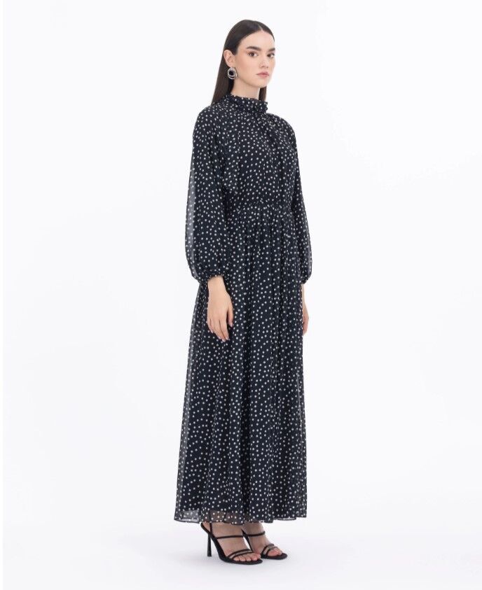 1023 DEGAJE YAKA PUANTİYELİ BELİ VE KOL UCU LASTİKLİ ELBİSE QYS GÜNLÜK ELİBSE 232001023 #23-04#