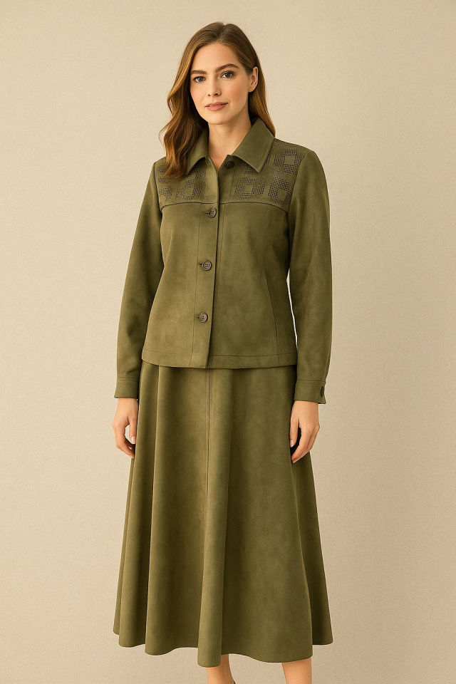 56058 ÖNDEN DÜĞMELİ OMZU DETAYLI ETEK BELİ MANŞETLİ FERMUARLI SÜET ETEKLİ TAKIM #10-25#