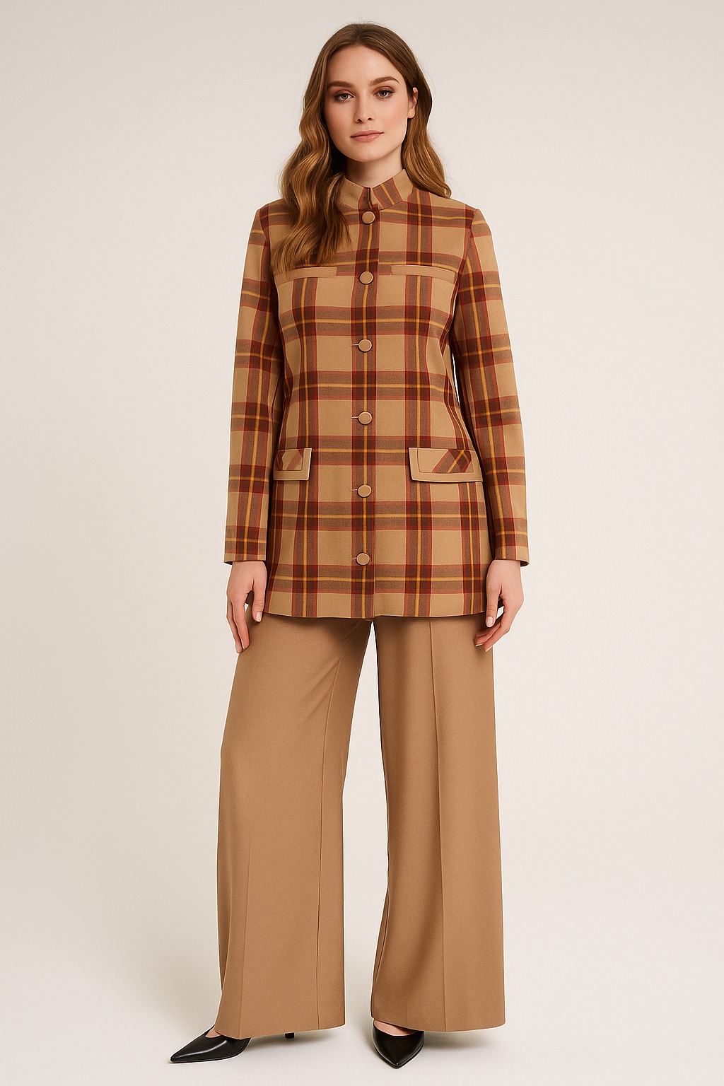 56120 ÖNDEN DÜĞMELİ EKOSE DESENLİ PANTOLONLU TAKIM #10-25#