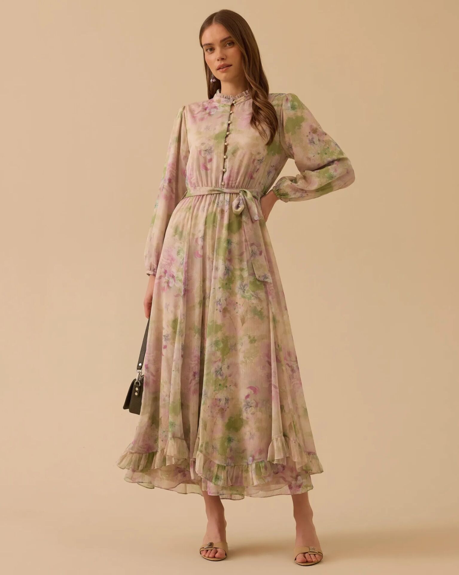 1023 ÇİÇEK DESENLI FIRFIRLI ŞİFON ELBİSE #26#