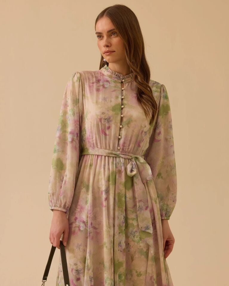 1023 ÇİÇEK DESENLI FIRFIRLI ŞİFON ELBİSE #26#