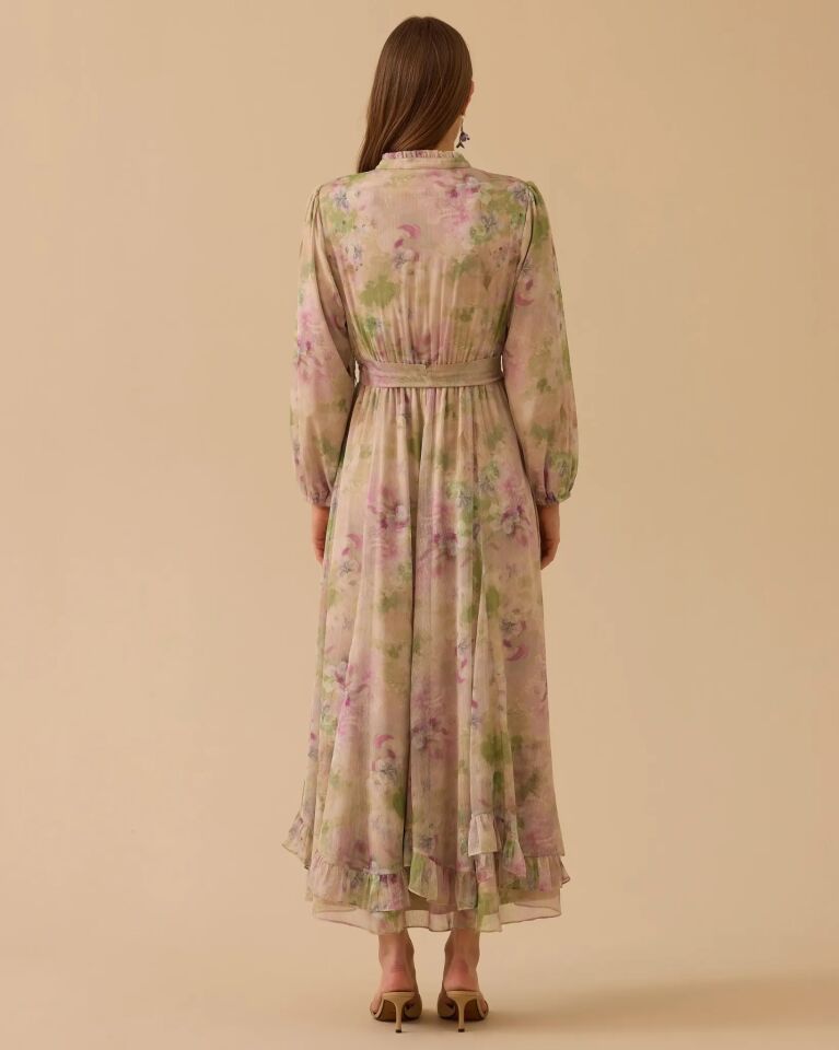 1023 ÇİÇEK DESENLI FIRFIRLI ŞİFON ELBİSE #26#