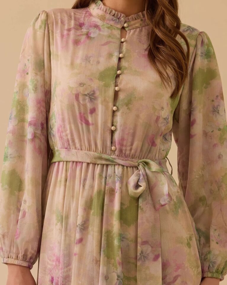 1023 ÇİÇEK DESENLI FIRFIRLI ŞİFON ELBİSE #26#