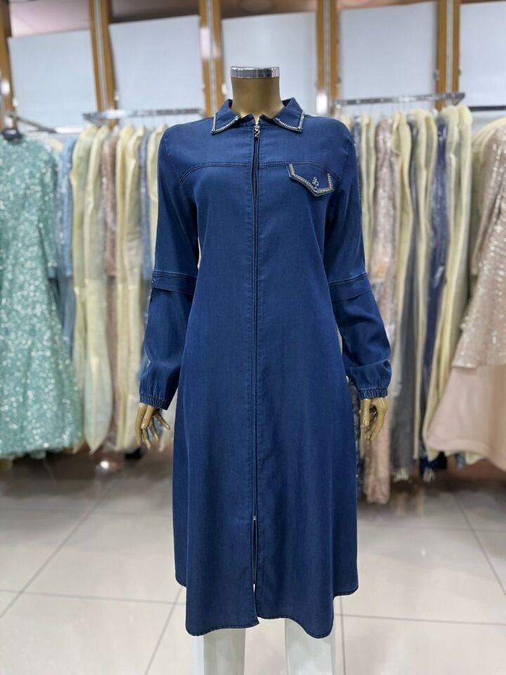 3511 ÖNÜ FERMUARLI YAKASI TAŞ DETAYLI CEP KAPAKLI GÖMLEK YAKA TENSEL KUMAŞ KAP QYS KAP #23-04#