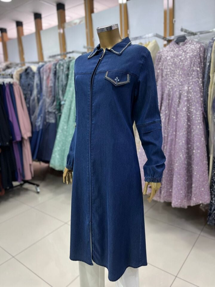 3511 ÖNÜ FERMUARLI YAKASI TAŞ DETAYLI CEP KAPAKLI GÖMLEK YAKA TENSEL KUMAŞ KAP QYS KAP #23-04#