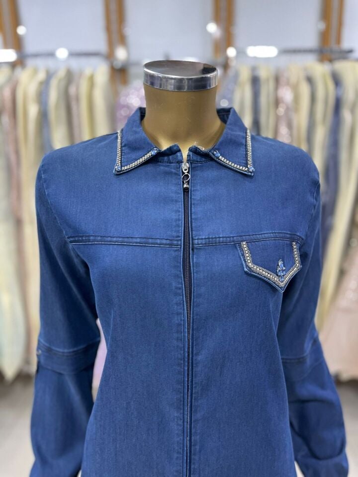 3511 ÖNÜ FERMUARLI YAKASI TAŞ DETAYLI CEP KAPAKLI GÖMLEK YAKA TENSEL KUMAŞ KAP QYS KAP #23-04#