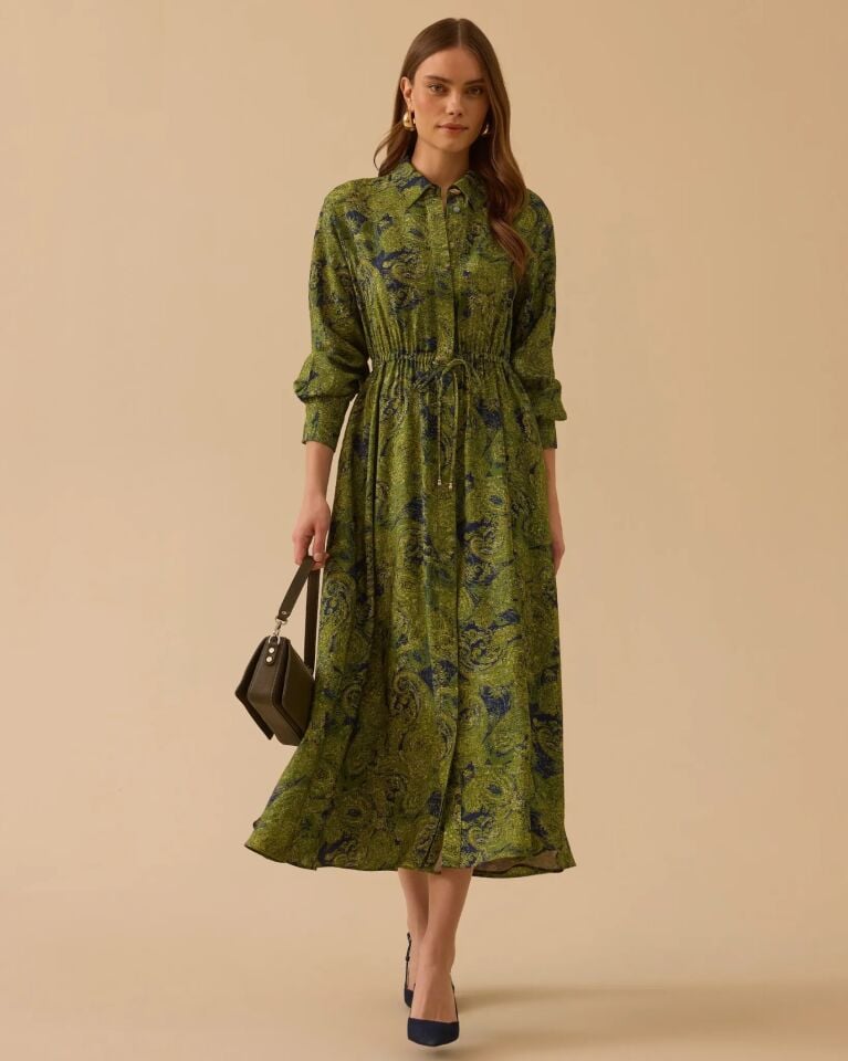 1012 DESENLİ BEL BAĞCIKLI ELBİSE #26#