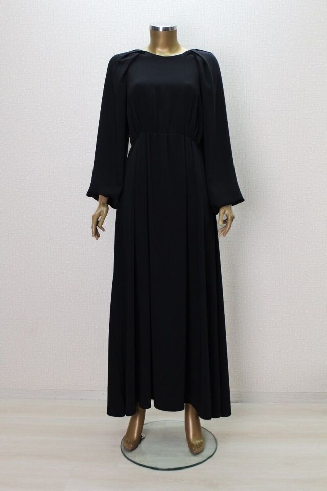 2763 OMUZ PİLE DETAYLI SIFIR YAKA BALON KOL BELİ LASTİKLİ ABİYE ELBİSE QYS ABİYE ELİBSE 2673 #23-043