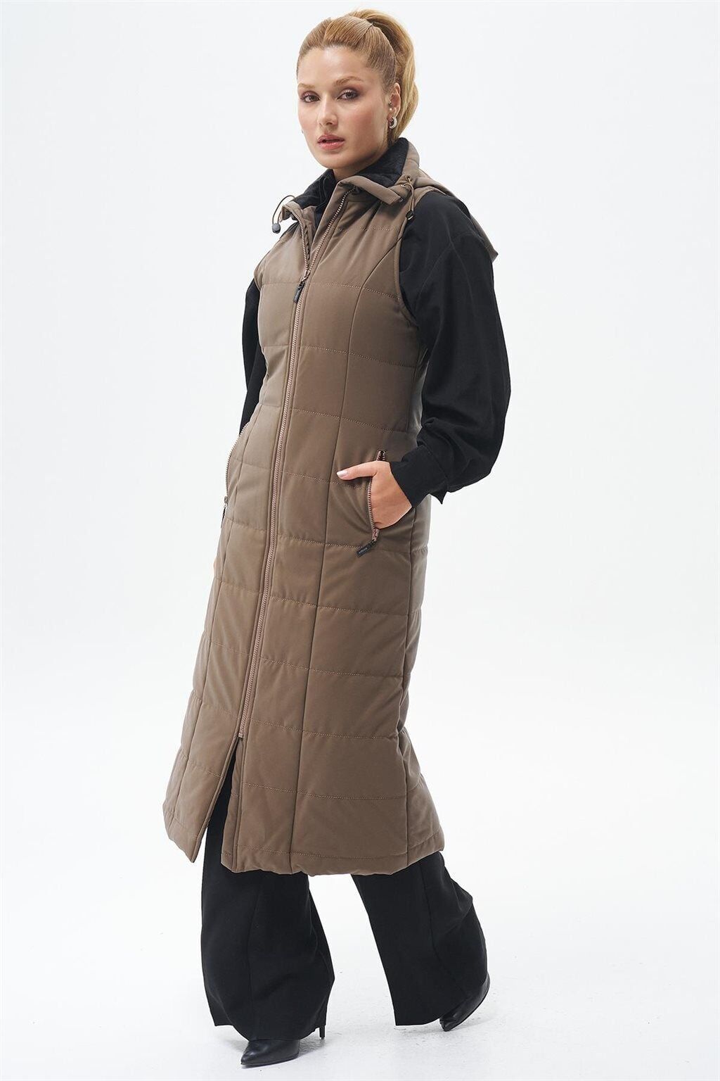 50005 ÖNÜ FERMUARLI KAPÜŞONLU TÜL DETAYLI CEBİ FEERMUALRLI KLASİK YELEK QKS YELEK #24-05#