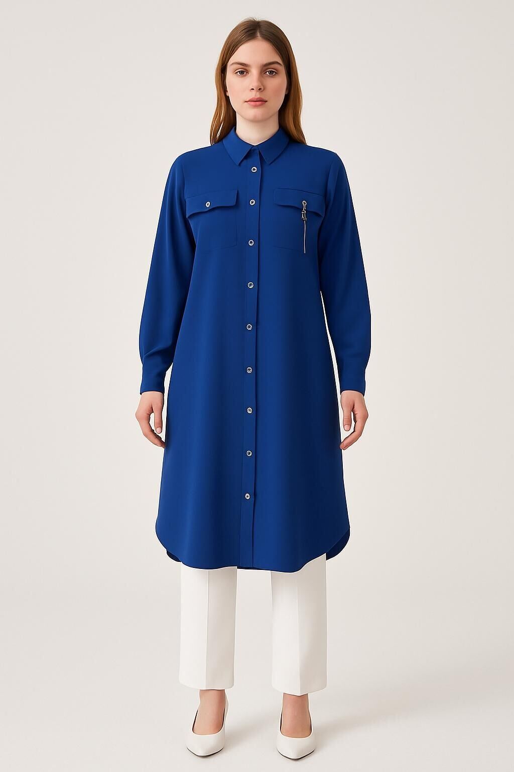 1522 ÖNÜ DÜĞMELİ CEP KAPAKCIĞI GÖRÜNÜMLÜ GÖMLEK YAKA UZUN TUNİK #02-25#