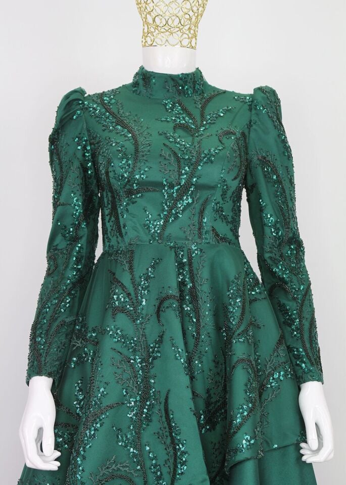 132 BALON KOL BONCUK VE PUL DETAYLI YARISI İŞLEMELİ SATEN PRENSES MODEL TASARIM ABİYE QYS ABİYE ELBİSE 132 #23-05#