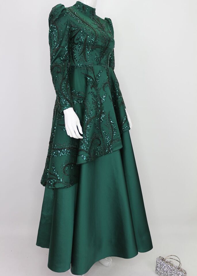 132 BALON KOL BONCUK VE PUL DETAYLI YARISI İŞLEMELİ SATEN PRENSES MODEL TASARIM ABİYE QYS ABİYE ELBİSE 132 #23-05#