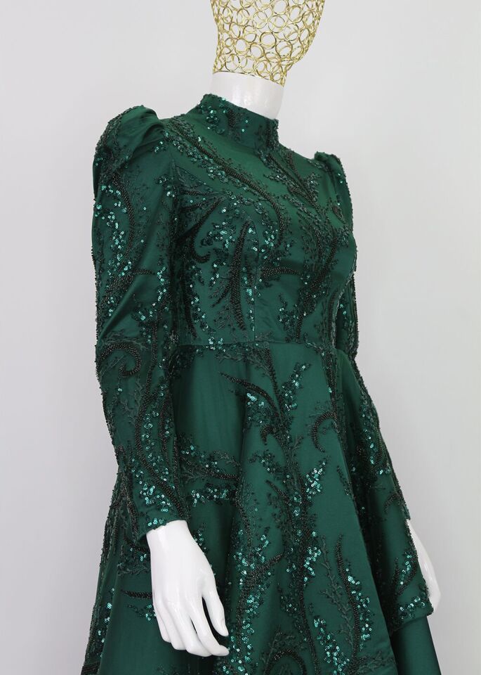 132 BALON KOL BONCUK VE PUL DETAYLI YARISI İŞLEMELİ SATEN PRENSES MODEL TASARIM ABİYE QYS ABİYE ELBİSE 132 #23-05#