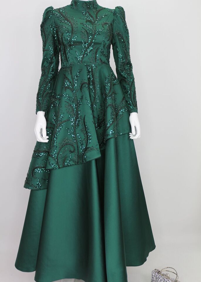 132 BALON KOL BONCUK VE PUL DETAYLI YARISI İŞLEMELİ SATEN PRENSES MODEL TASARIM ABİYE QYS ABİYE ELBİSE 132 #23-05#