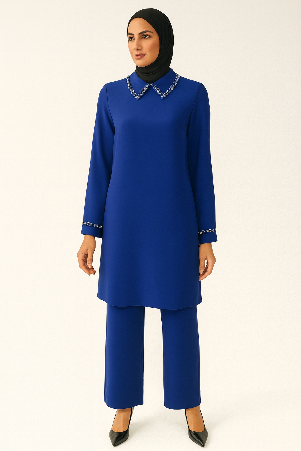 2431 TAKIM YAIKASI VE KOL UÇLAI TAŞ DETAYLI PANTOLONUN BELİ LASTİKLİ 2 Lİ TAKIM QYS TAKIM 2431 #24-09#