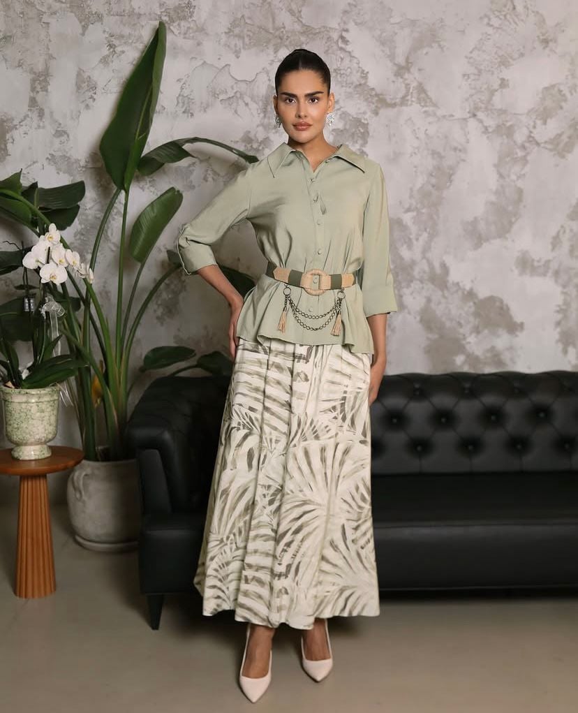 44812 ÖNÜ DÜĞMELİ GÖMLEK YAKA KOLU KATLANABİLİR ETEK BELİ LASTİKLİ DESENLİ SPOR ETEKLİ TAKIM #03-25#