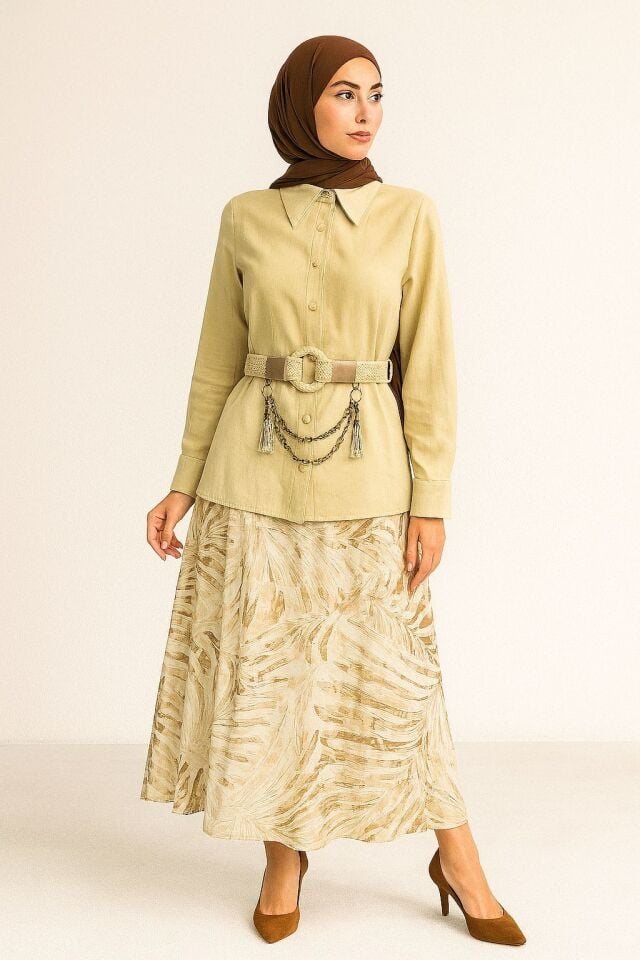 44812 ÖNÜ DÜĞMELİ GÖMLEK YAKA KOLU KATLANABİLİR ETEK BELİ LASTİKLİ DESENLİ SPOR ETEKLİ TAKIM #03-25#