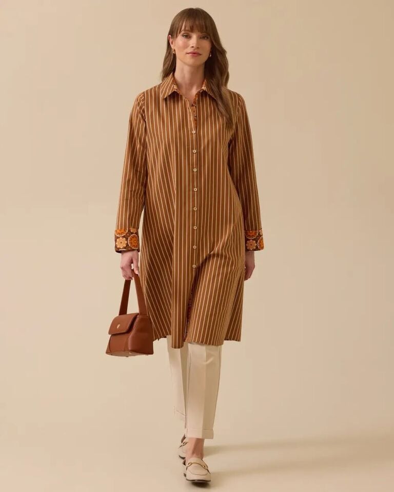 1001 ÖNÜ DÜĞMELİ KOLU DESENLİ KAT DETAYLI KOL UCU DESENLİ ÇİZGİLİ GÖMLEK #03-25#